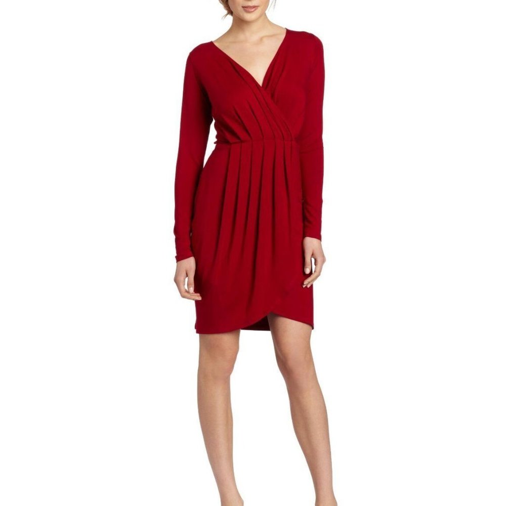 Karen Kane WILD RED Wrap Top Pleated Stretch Jersey Dress